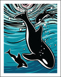 A stylized graphic art print of three orcas swimming in blue ocean water with bubbles, featuring bold black, white, and teal-blue colors.