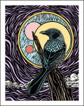 Stylized illustration of a bird on a branch with a wavy purple background and circular patterns in the sky.