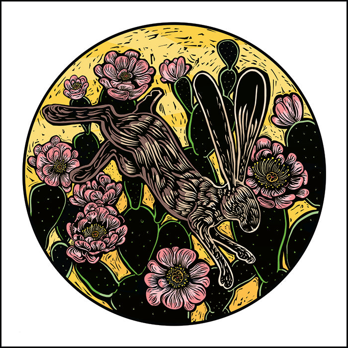 Circular illustration of a rabbit leaping over a prickly pear cactus.