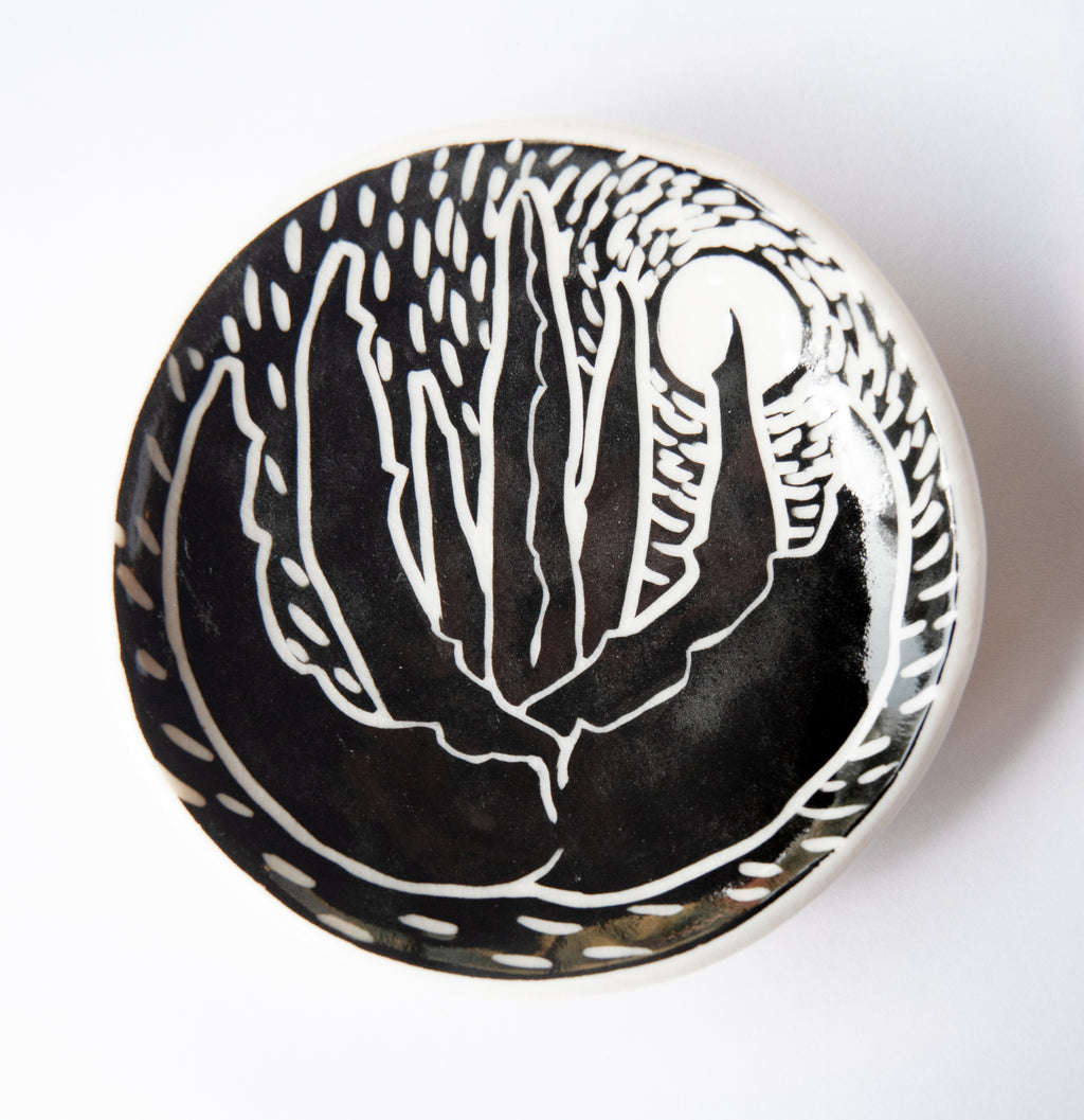 A round ceramic dish featuring an agave design and a glossy clear glaze, photographed against a white background.