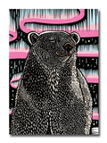 A greeting card featuring a woodcut style illustration of a polar bear set against a background with pink and light blue abstract aurora-like bands on a black field.