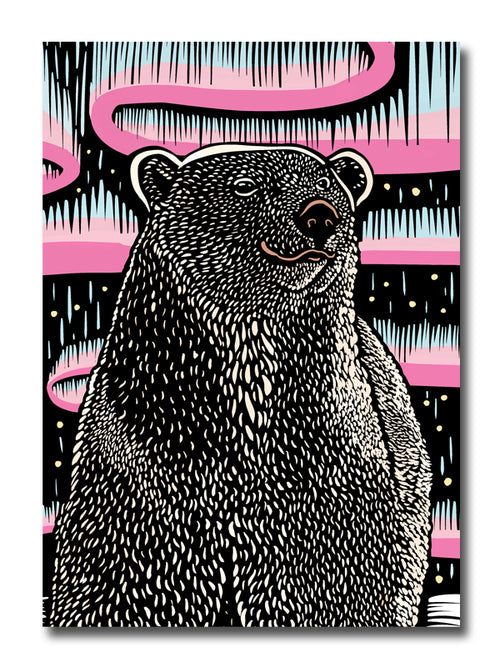 A greeting card featuring a woodcut style illustration of a polar bear set against a background with pink and light blue abstract aurora-like bands on a black field.