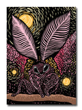 A woodblock style illustration of a rosy maple moth rendered in pinks and yellows, set against a black background with glowing yellow spheres.