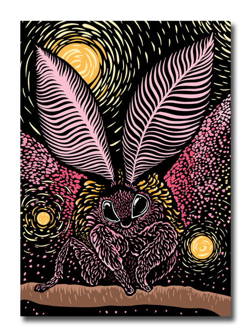 A woodblock style illustration of a rosy maple moth rendered in pinks and yellows, set against a black background with glowing yellow spheres.