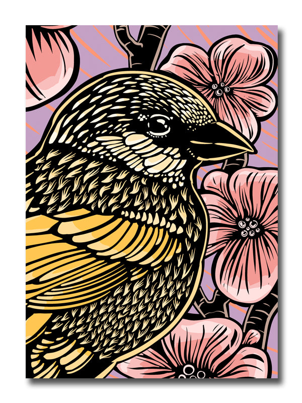 A greeting card featuring a woodcut-style illustration of a sparrow in front of cherry blossoms. The background is purple with pink streaks.