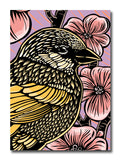A greeting card featuring a woodcut-style illustration of a sparrow in front of cherry blossoms. The background is purple with pink streaks.