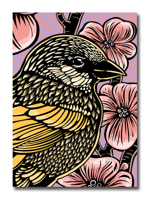 A greeting card featuring a woodcut-style illustration of a sparrow in front of cherry blossoms. The background is purple with pink streaks.