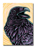 Stylized illustration of a raven with a colorful, abstract background.