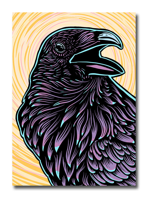 Stylized illustration of a raven with a colorful, abstract background.
