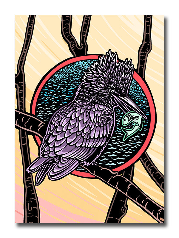 Woodblock-style illustration of a kingfisher with a green fish in its mouth against a stilted sky and water background.