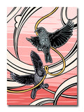 Two birds on a pink background with decorative elements