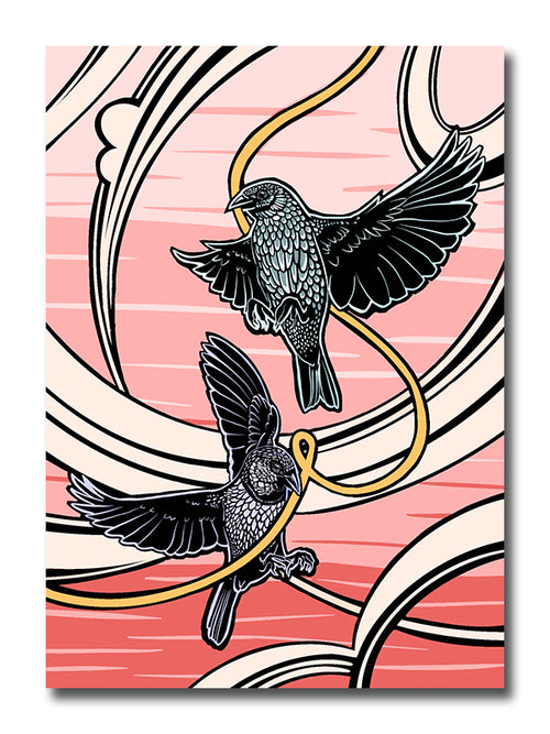 Two birds on a pink background with decorative elements