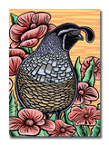 A greeting card featuring a woodblock style illustration of a California quail surrounded by pink flowers on an orange striped background.