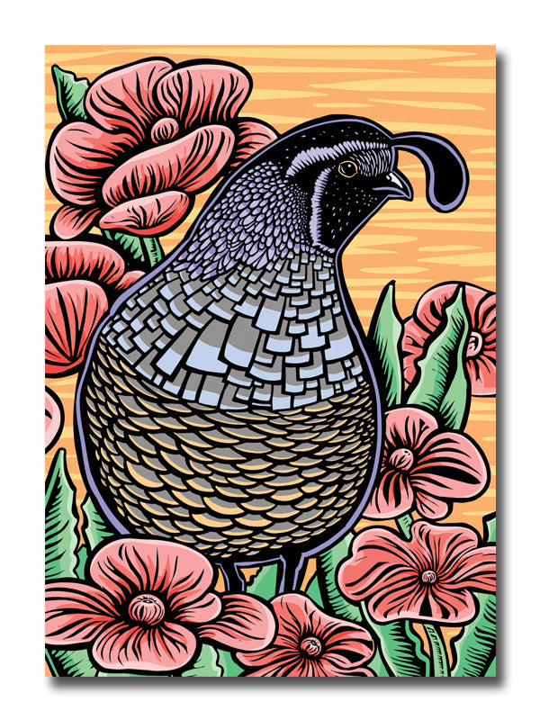 A greeting card featuring a woodblock style illustration of a California quail surrounded by pink flowers on an orange striped background.