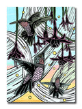 Illustration of hummingbirds and flowers with a colorful background