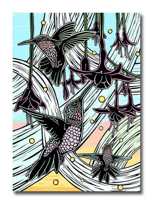 Illustration of hummingbirds and flowers with a colorful background
