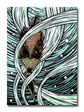Woodcut style illustration of a diving cormorant with a background of blue and green water.