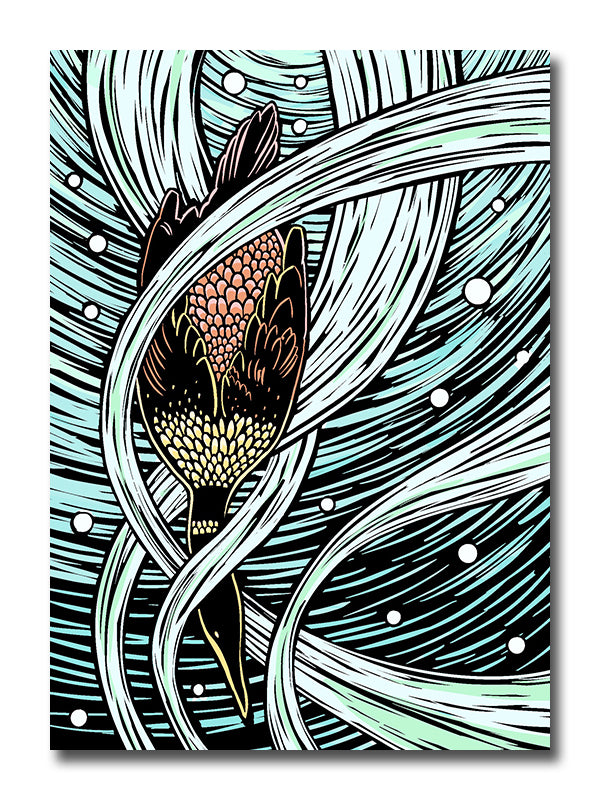 Woodcut style illustration of a diving cormorant with a background of blue and green water.