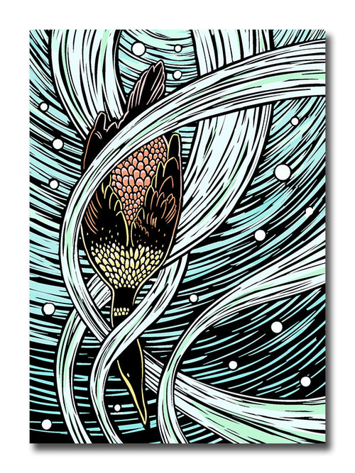 Woodcut style illustration of a diving cormorant with a background of blue and green water.