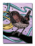 Colorful illustration of a wren on a branch with a purple stylized background.