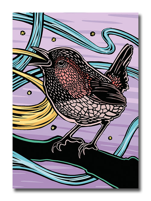 Colorful illustration of a wren on a branch with a purple stylized background.