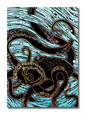 Woodcut-style Illustration of an octopus with a blue wave background.