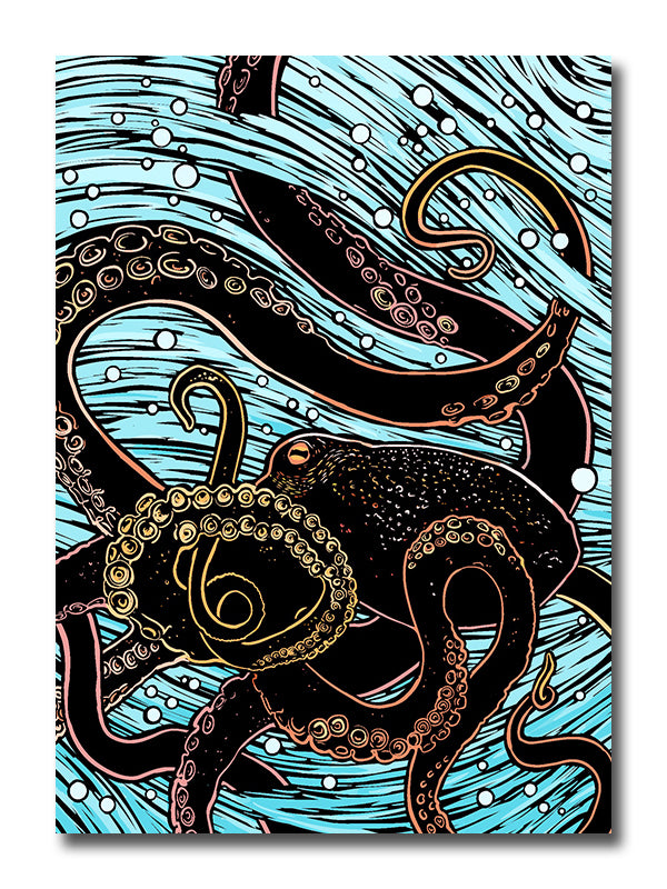 Woodcut-style Illustration of an octopus with a blue wave background.