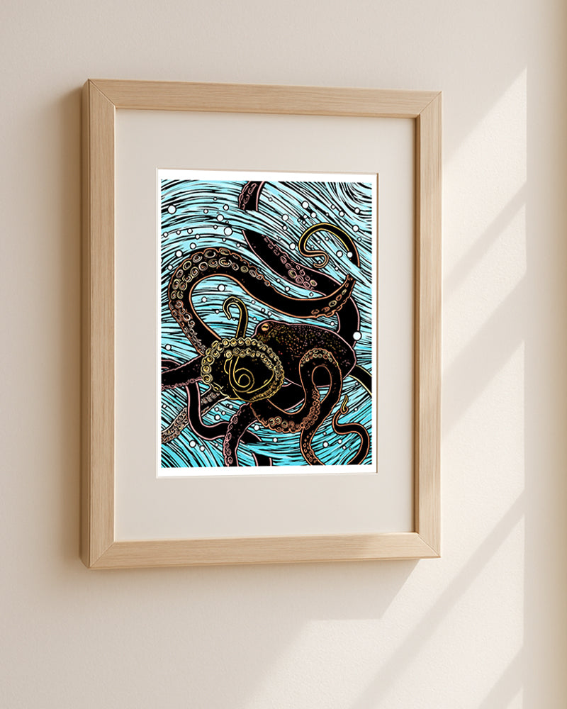 Framed artwork of an octopus on a wave pattern against a beige wall.