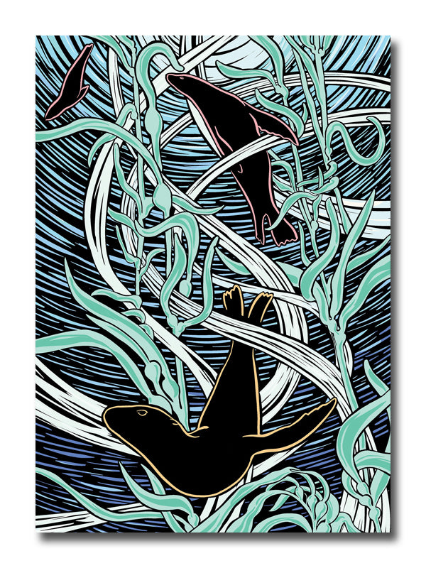 A woodcut-style illustration of sea lions swimming through kelp.