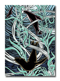 A woodcut-style illustration of sea lions swimming through kelp.