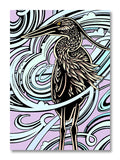 Woodcut style illustration of a heron against a swirling purple and light blue background.