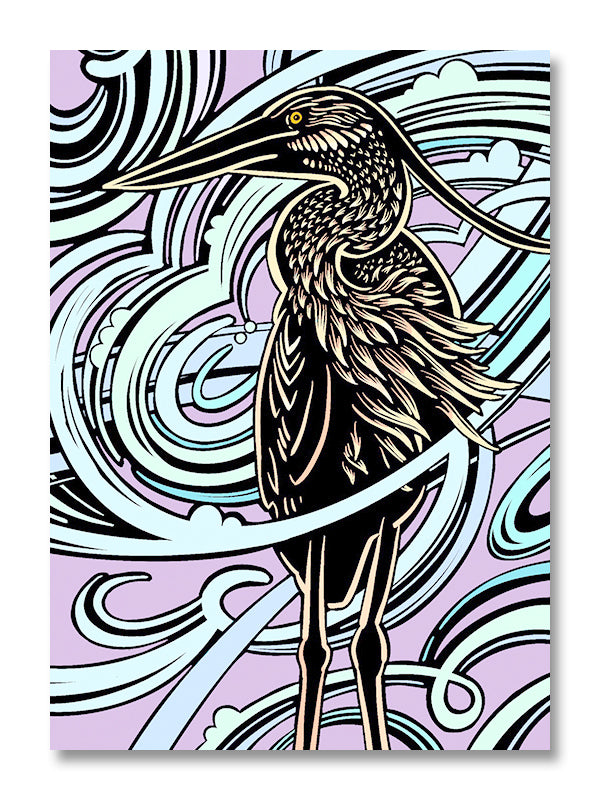 Woodcut style illustration of a heron against a swirling purple and light blue background.