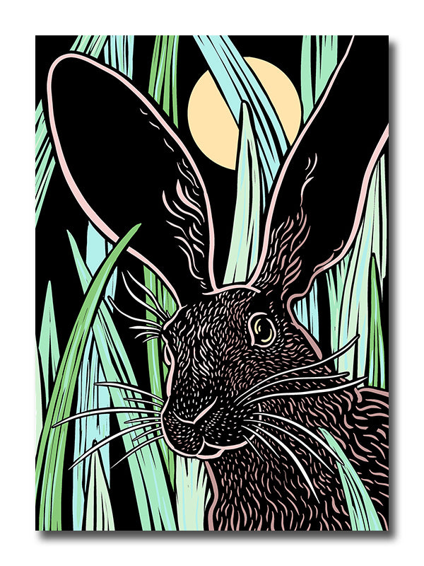 Illustration of a rabbit with long ears and green leaves in the background