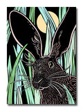 Illustration of a rabbit with long ears and green leaves in the background