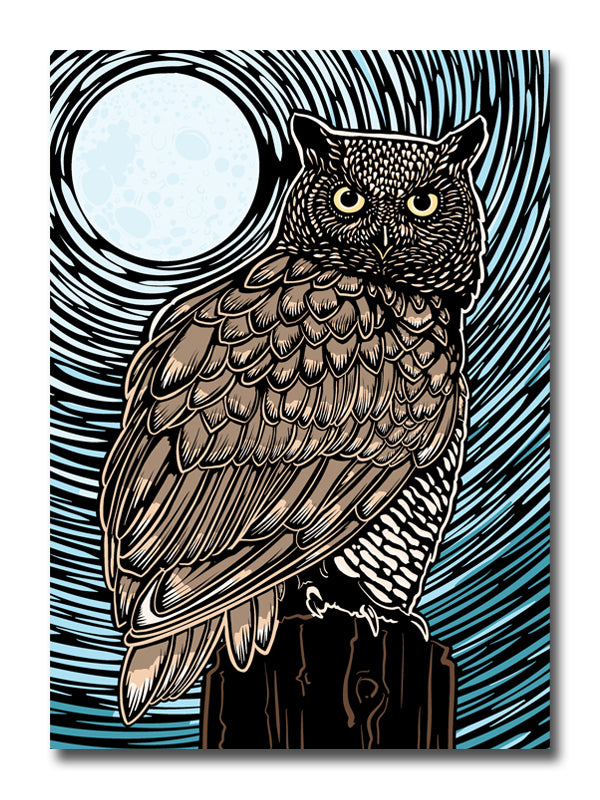 A card featuring a stylized owl illustration perched on a dark post, with a large pale moon and swirling black and teal lines in the background. The artwork fills most of the frame and appears to be the product itself rather than a photo of a physical object in a room.