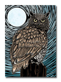 A card featuring a stylized owl illustration perched on a dark post, with a large pale moon and swirling black and teal lines in the background. The artwork fills most of the frame and appears to be the product itself rather than a photo of a physical object in a room.