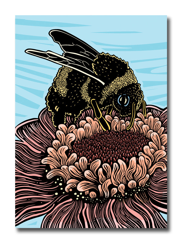 A 5x7 greeting card featuring a stylized woodcut style illustration of a bumblebee perched on a large pink flower