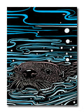 Illustration of an otter swimming in water with blue wave patterns on a black background