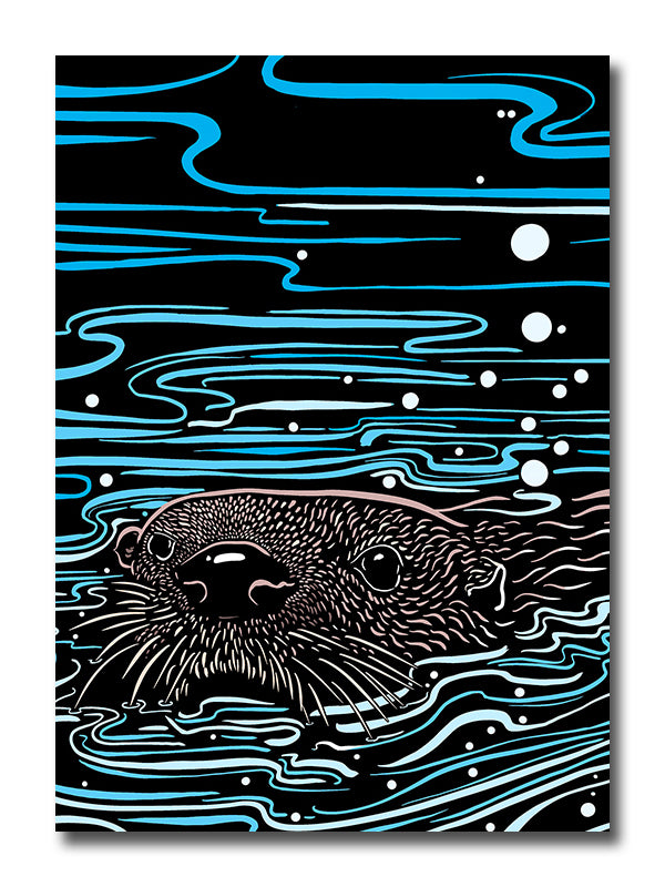 Illustration of an otter swimming in water with blue wave patterns on a black background