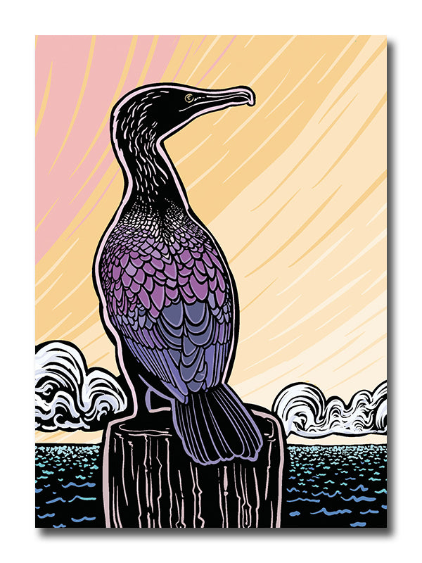 Illustration of a cormorant perched on a pier with a colorful background sky.