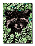 A card featuring a woodcut style illustration featuring a raccoon surrounded by green leaves.
