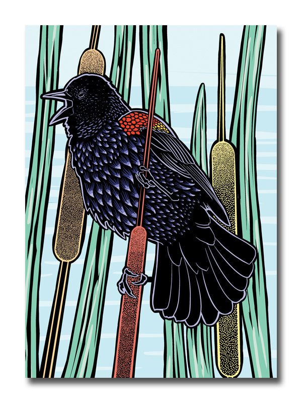 A card featuring a block-print style image of a red-winged black bird on a cattail plant. More cattails are in the background and the sky behind them is blue. 