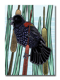A card featuring a block-print style image of a red-winged black bird on a cattail plant. More cattails are in the background and the sky behind them is blue. 