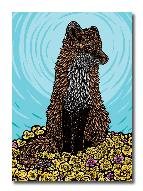 A greeting card featuring a thoughtful red fox sitting in a field of yellow and magenta flowers against a blue background.