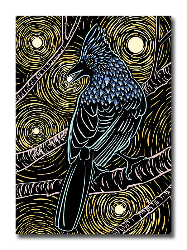 Woodblock-style illustration of a steller’s jay with glowing stars behind it.