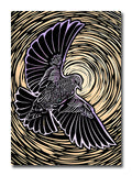 Illustration of a starling in flight against a yellow circular stylized background.