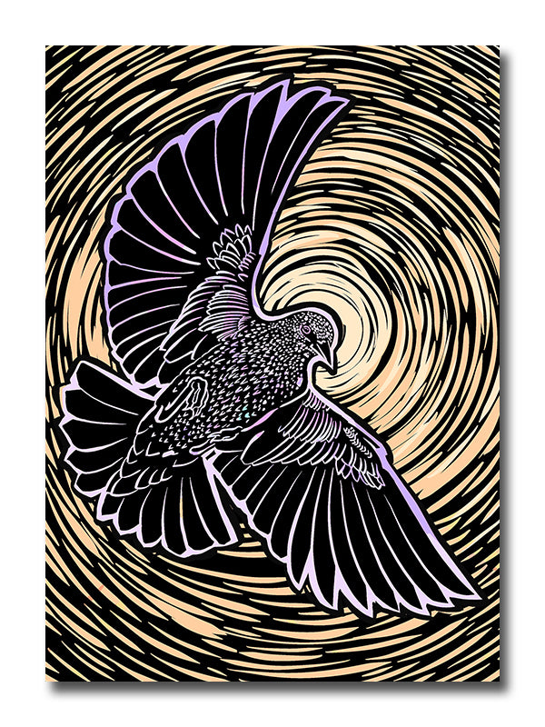 Illustration of a starling in flight against a yellow circular stylized background.