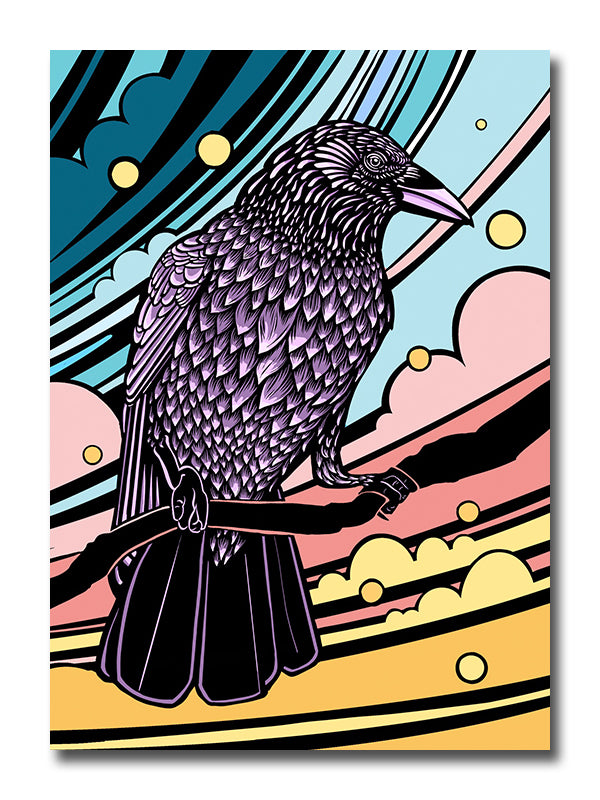 Colorful illustration of a crow perched on a branch with a colorful stylized sky background.