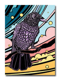 Colorful illustration of a crow perched on a branch with a colorful stylized sky background.