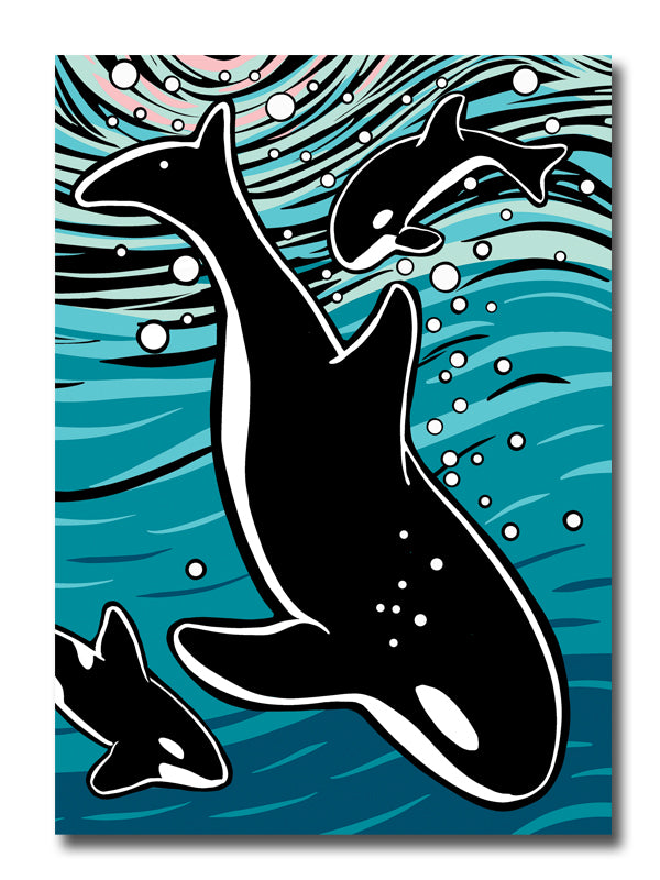 A greeting card featuring a stylized trio of orcas swimming in blue and teal water with white bubbles and curved wave lines.